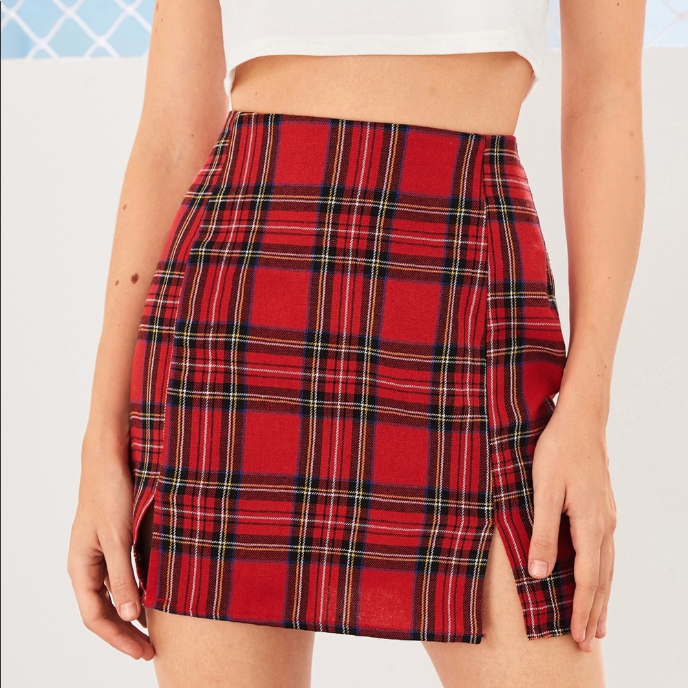 SHEIN red plaid m split skirt